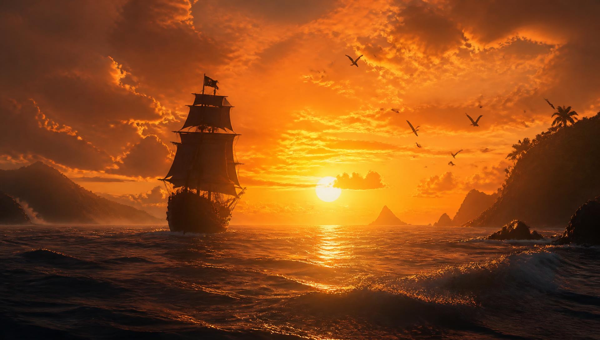 Pirate ship sailing into a golden ocean sunset